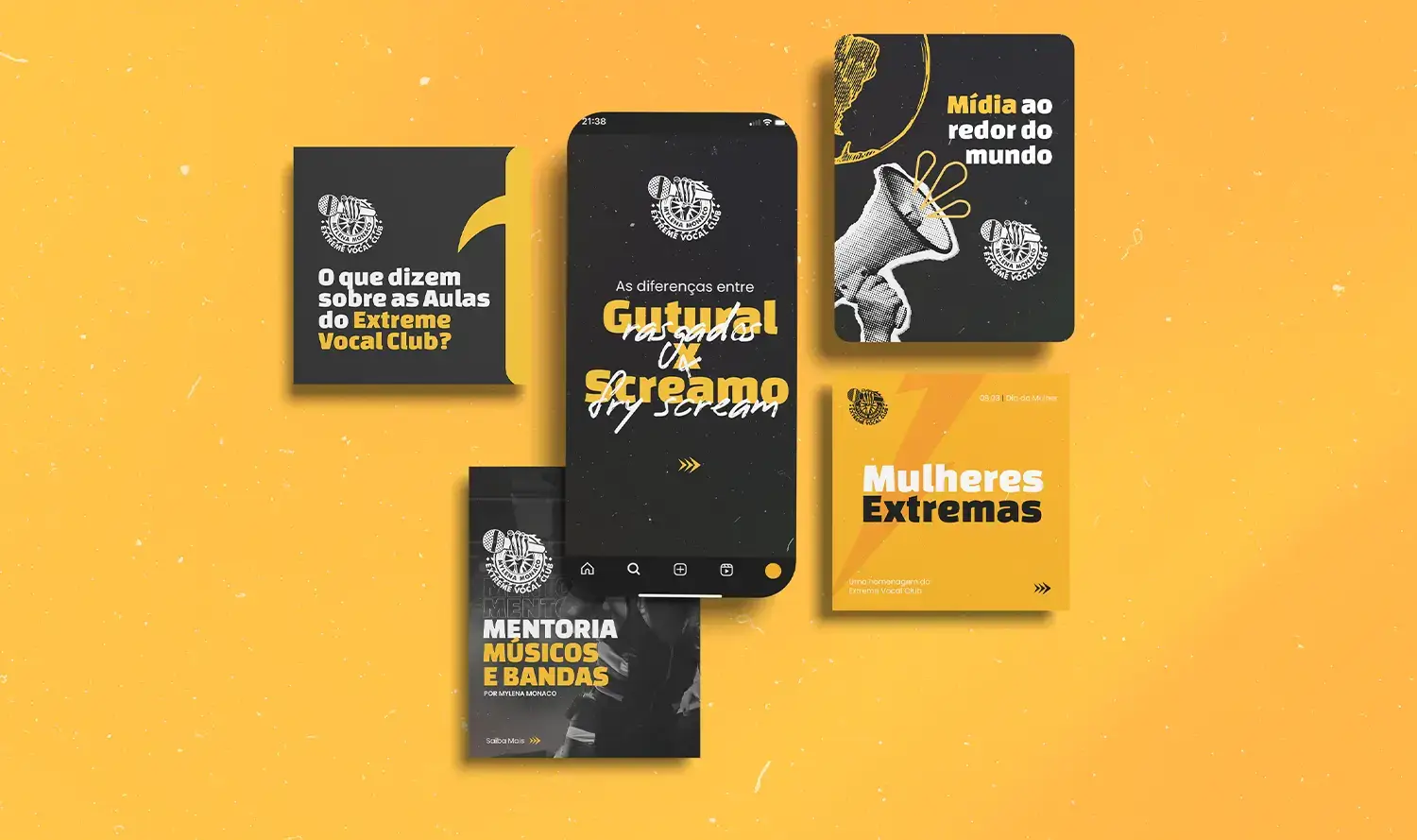 Conjunto de artes visuais para redes sociais do Extreme Vocal Club, com fundo amarelo e elementos texturizados em preto e amarelo. O design inclui uma série de postagens destacando temas como 'O que dizem sobre as Aulas do Extreme Vocal Club?', 'Diferenças entre Gutural Rasgado e Scream/Fry Scream', 'Mentoria para Músicos e Bandas', 'Mídia ao redor do mundo', e uma homenagem intitulada 'Mulheres Extremas'. O logotipo do Extreme Vocal Club aparece em várias partes das artes.